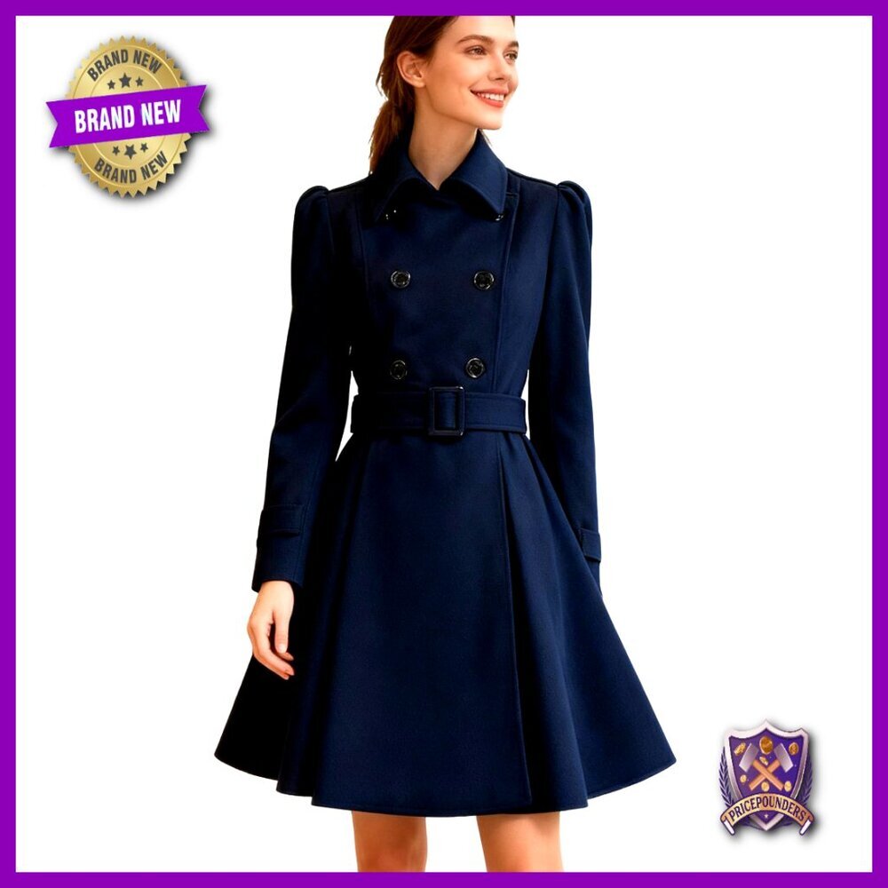 Wool Pea Coat Double Breasted Belted Classic Elegant Swing Fit Mid-Length